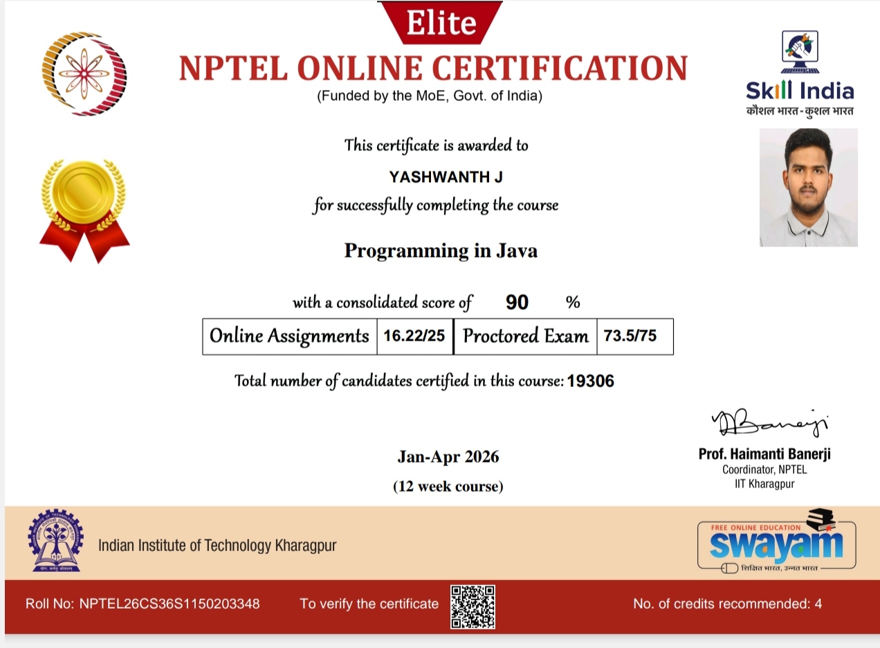 NPTEL Programming in Java Gold Medal Certificate